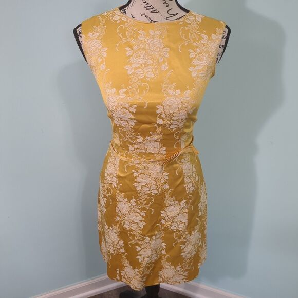Vintage 1960s 1950s Gold Floral Asian Style lang Dress Full Zip small - Picture 1 of 6